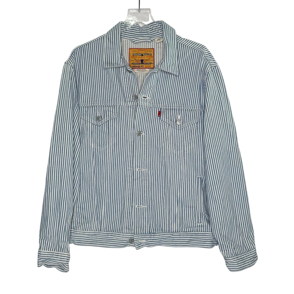 Levis 90s Inspired Original Trucker Jacket L Railroad Stripe Blue White
